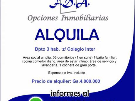 Alquilo Dpto 3 Hab + 1 Cochera Z/inter