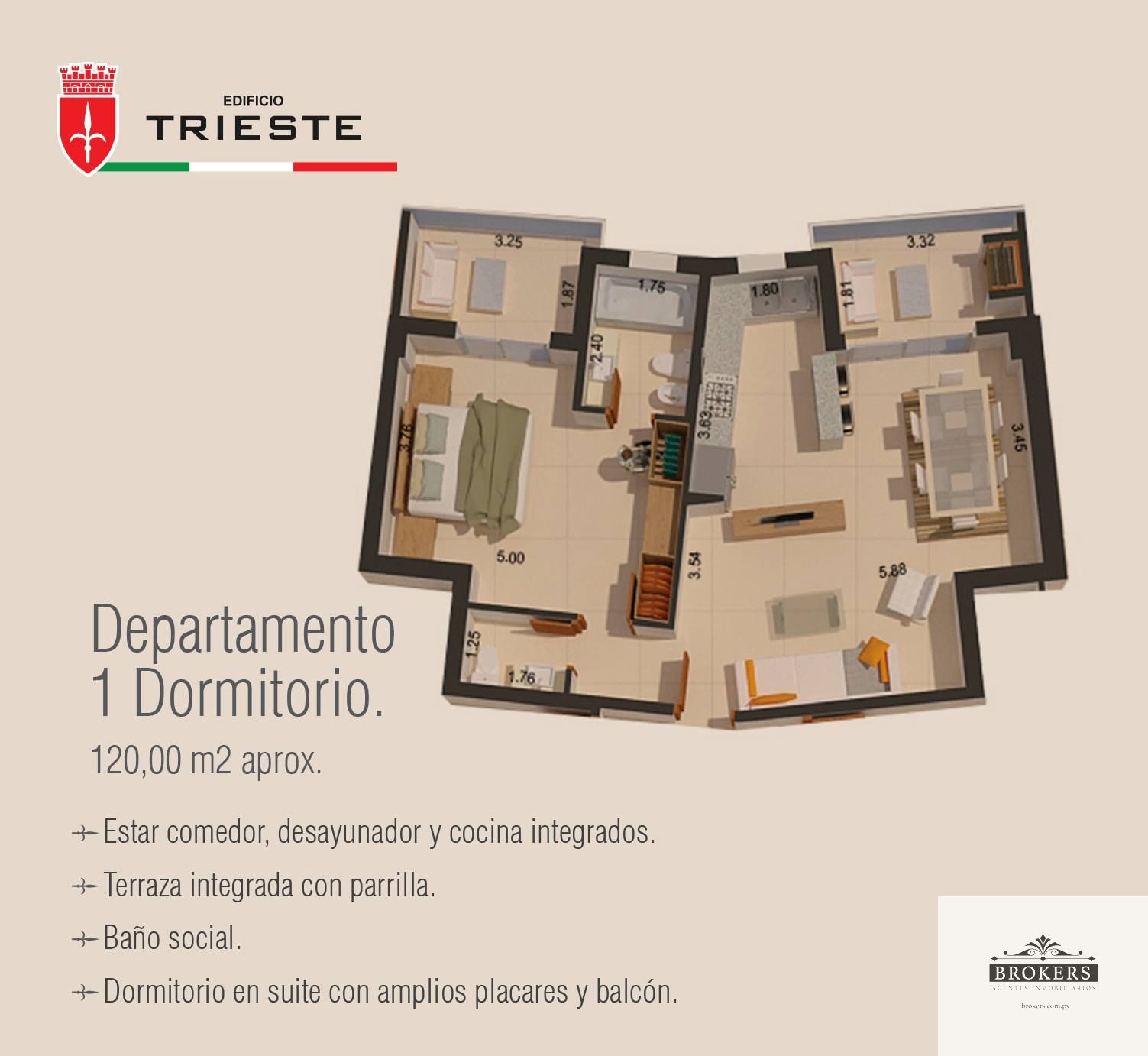 Alquilo Departamento 120m2 Un dormitorio en Suite 1 cochera Edificio Trieste — foto 2