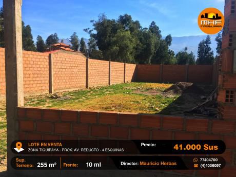 Lote En Venta Amurallado 255 M2 Tiquipaya Prox. 4 Esquinas